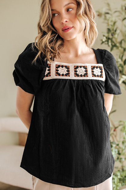 Black Flower Crochet Square Neck Textured Short Sleeve Blouse