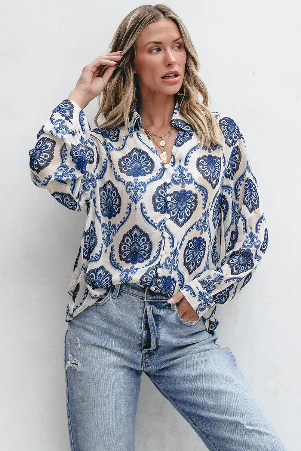 Blue Tribal Pattern Buttoned Front Loose Shirt - Chic Meadow Boutique 