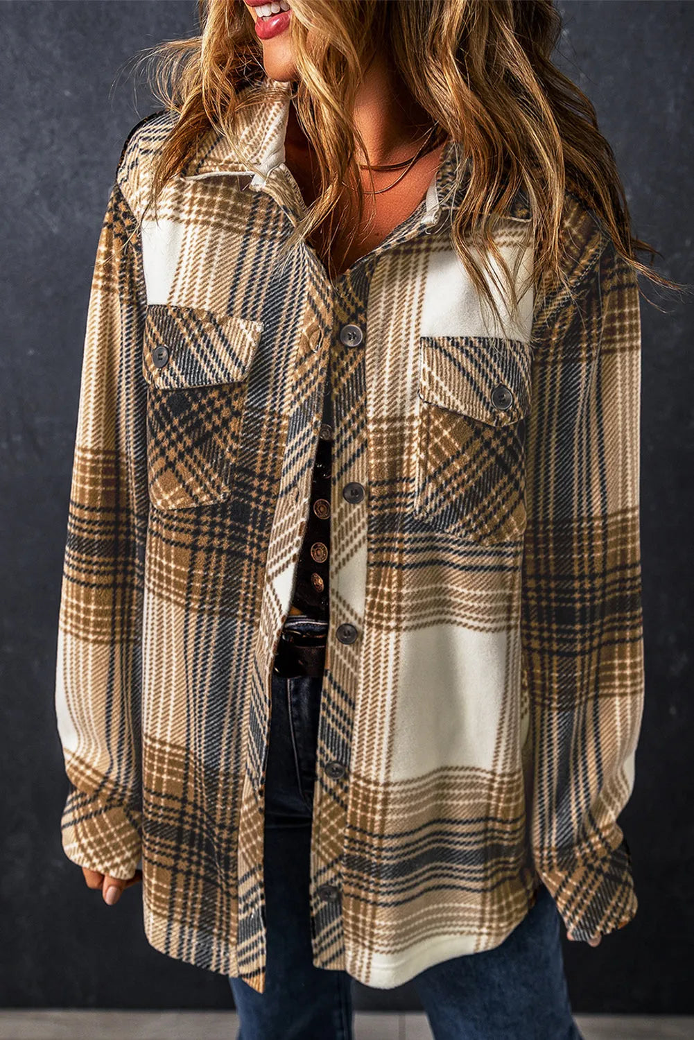 Multicolour Plaid Print Flap Pocket Button Up Shacket - Chic Meadow Boutique 