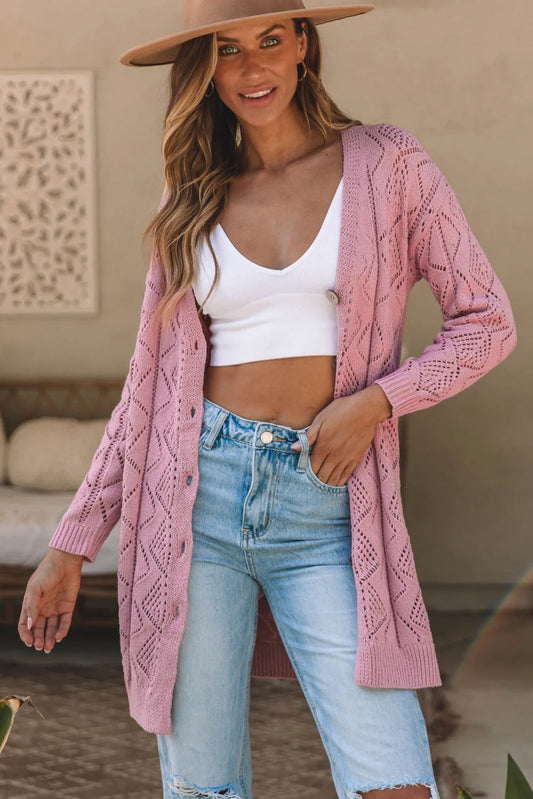 Pink Hollow-out Openwork Knit Cardigan - Chic Meadow Boutique 