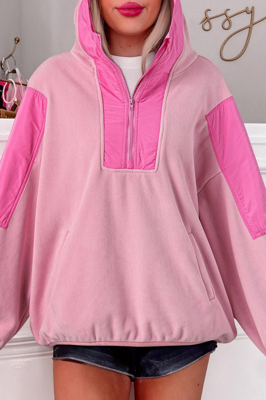 Tops/Sweatshirts & Hoodies Pink / S / 100%Polyester Pink Colorblock Patchwork Half Zip Oversized Sherpa Hoodie