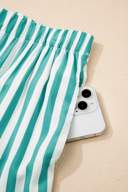 Green Stripe Contrast Ricrac Trim Long Sleeve Shirt Drawstring Ruffled Pajama Short Set