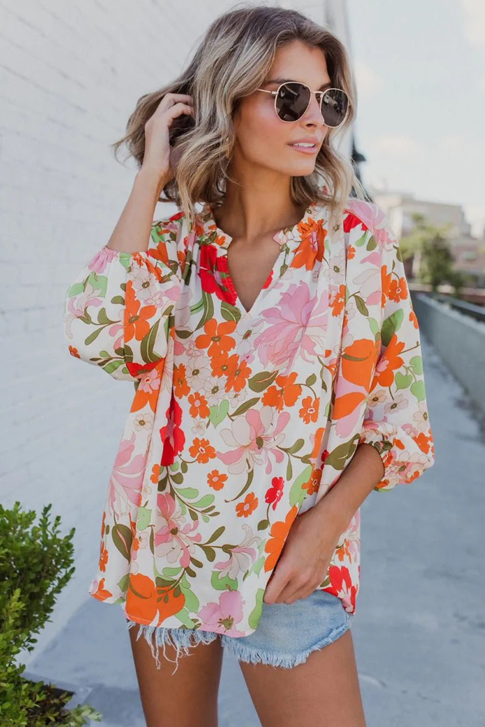 Orange Blooming Flowers Frill Trim Puff Sleeve Blouse - Chic Meadow Boutique 