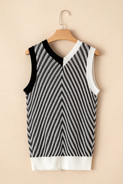 Black Contrast Chevron Knit V Neck Sweater Vest