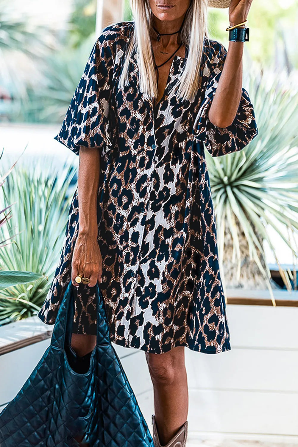 Black Leopard Puff Sleeve Buttons Front Shirt Dress - Chic Meadow Boutique 