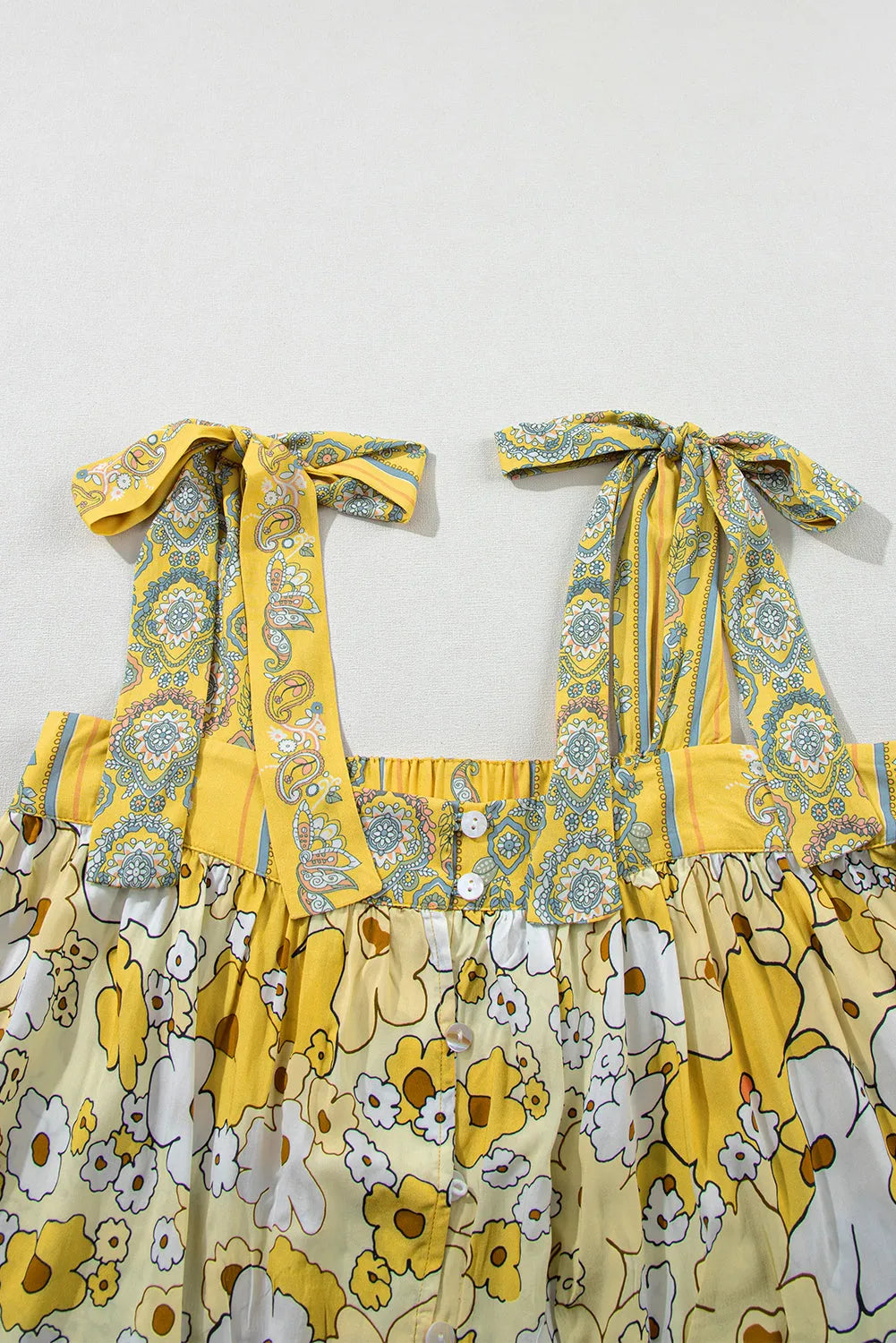 Yellow Floral Patchwork Tied Straps Buttoned Tank Top - Chic Meadow Boutique 