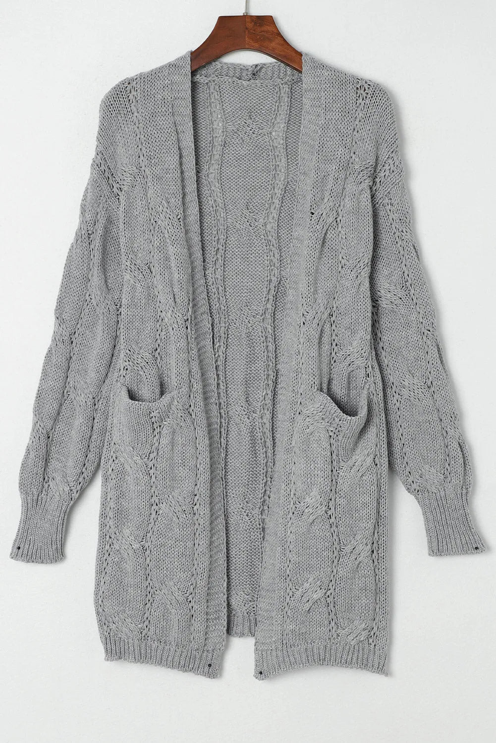 Gray Ribbed Trim Eyelet Cable Knit Cardigan - Chic Meadow Boutique 