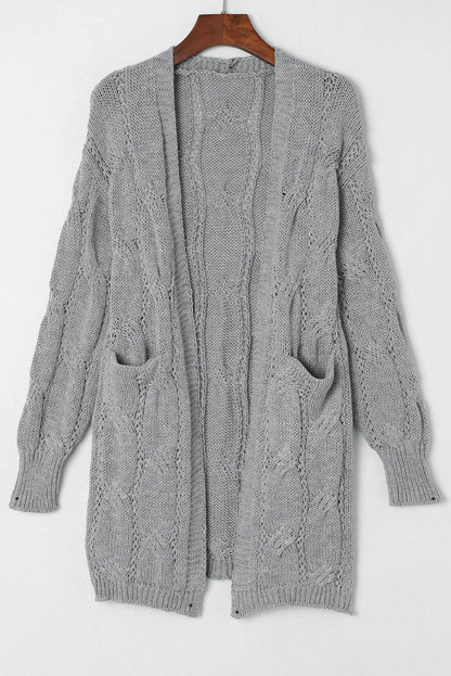 Gray Ribbed Trim Eyelet Cable Knit Cardigan - Chic Meadow Boutique 