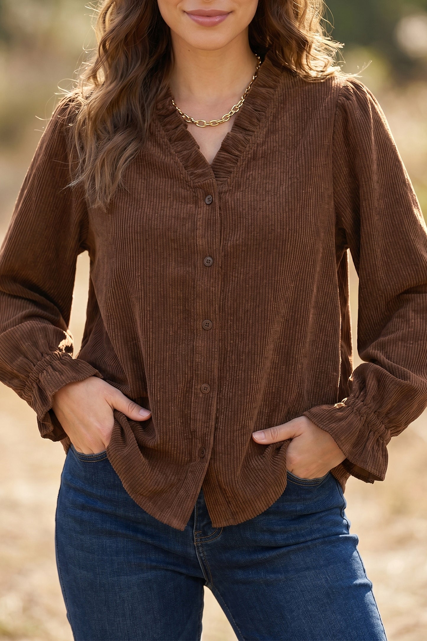 Coffee Solid Color Ruffle Trim V Neck Long Sleeve Button Corduroy Shakcet