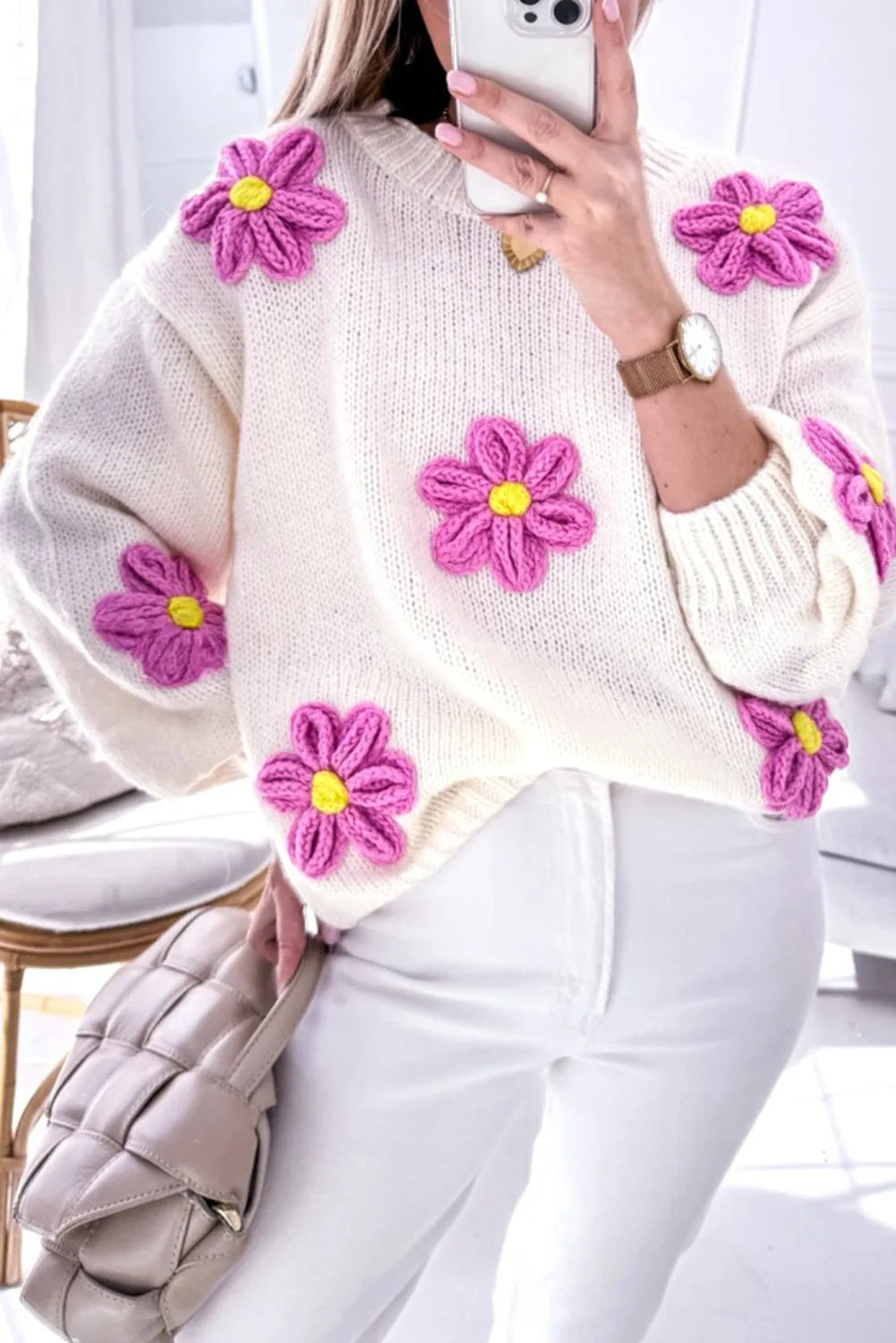 White Floral Crochet Chunky Knit Sweater - Chic Meadow Boutique 