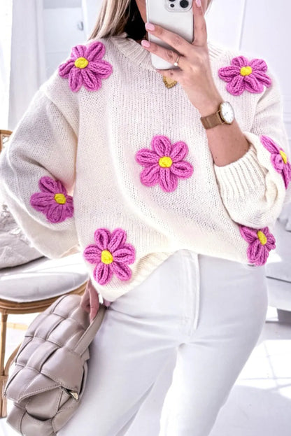 White Floral Crochet Chunky Knit Sweater - Chic Meadow Boutique 