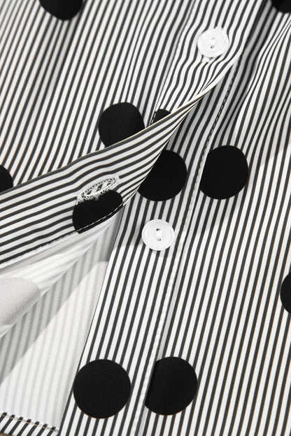 Black white Polka Dot Striped Print Ruffle Stand Neck 3/4 Sleeve Shift Shirt