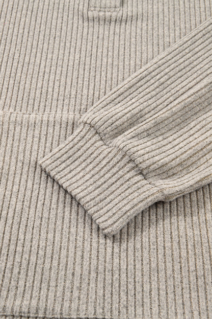 Simply Taupe Plus Size Ribbed Knit Kangaroo Pocket Henley Long Sleeve Top