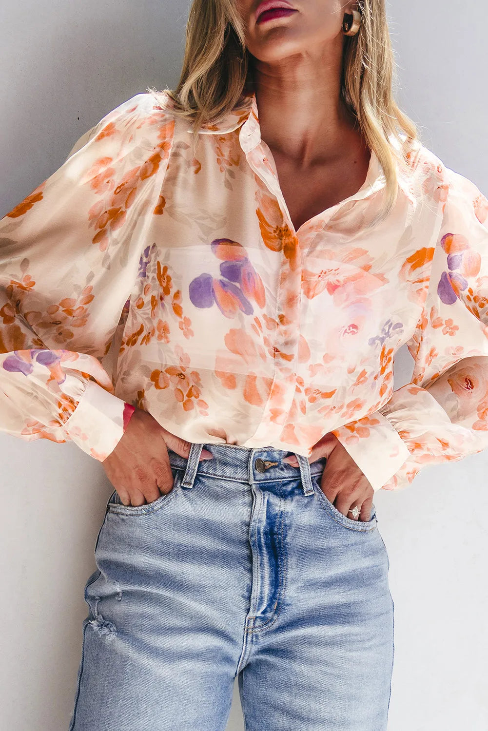 White Floral Print Collared Balloon Sleeve Loose Shirt - Chic Meadow Boutique 