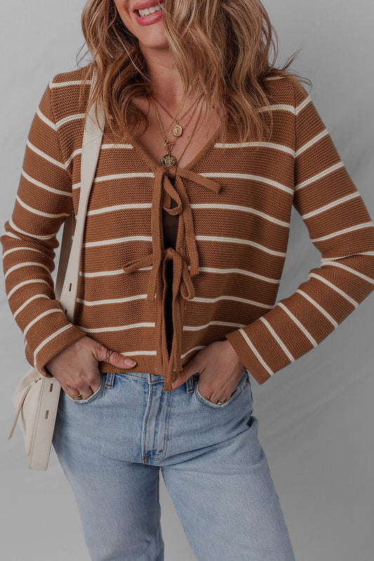 Chestnut Tie Front Striped Knit V Neck Cardigan Sweater