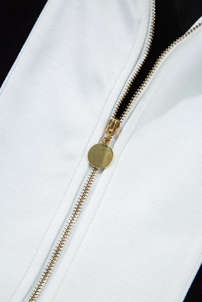 Black Contrast Collar Patchwork Zip Front Romper