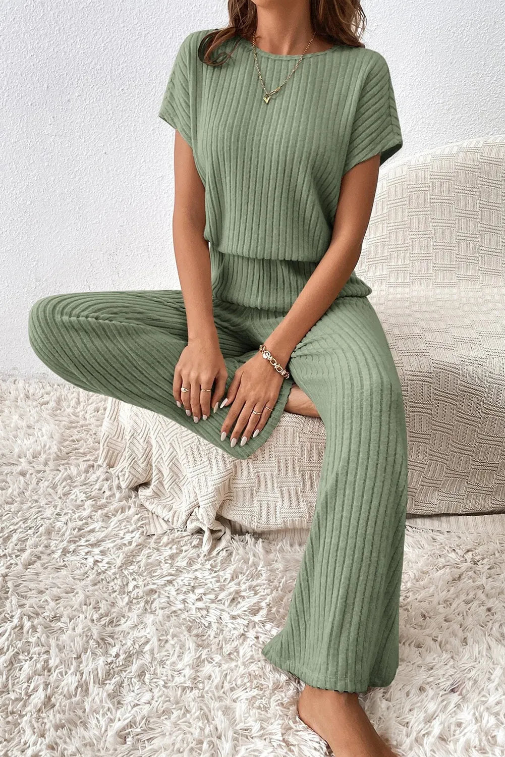 Grass Green Solid Color Ribbed Short Sleeve Wide Leg Jumpsuit - Chic Meadow Boutique 