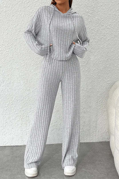 Gray Ribbed Knit Slouchy Hoodie Wide Leg Pants Set - Chic Meadow Boutique 