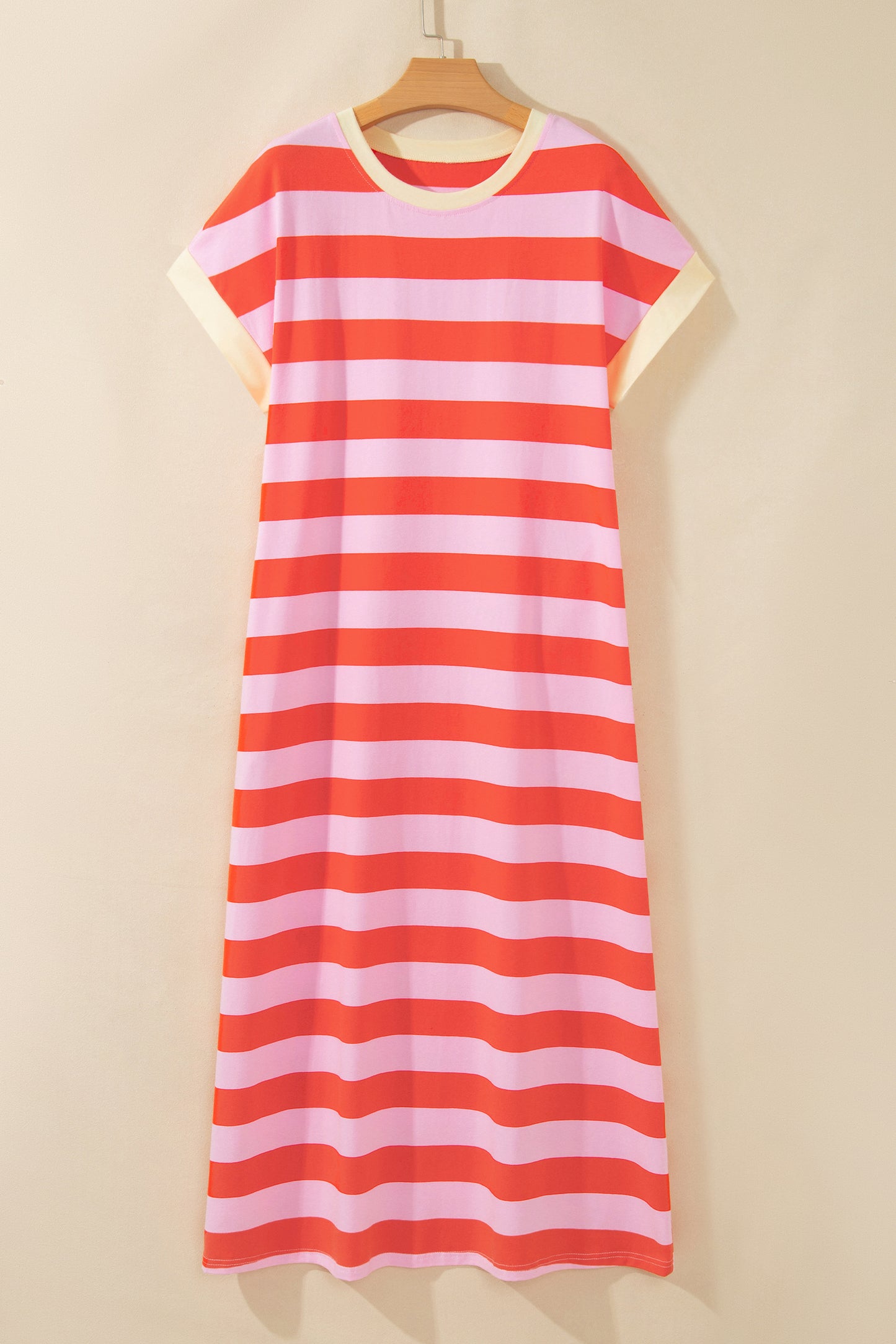 Orange Stripe Cuffed Short Sleeve Pocketed Casual T Shirt Long Dress