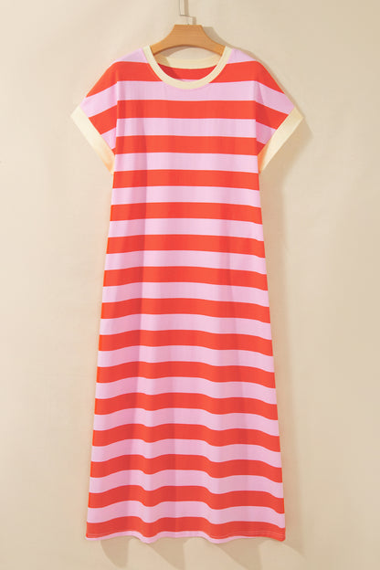 Orange Stripe Cuffed Short Sleeve Pocketed Casual T Shirt Long Dress