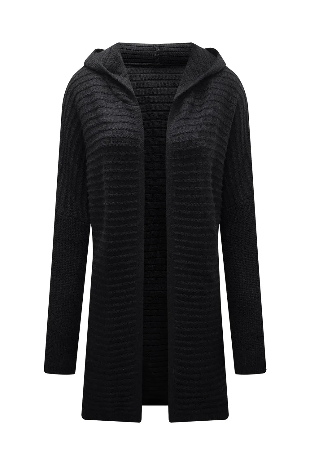 Black Horizontal Rib Knitted Open Front Hooded Cardigan - Chic Meadow Boutique 