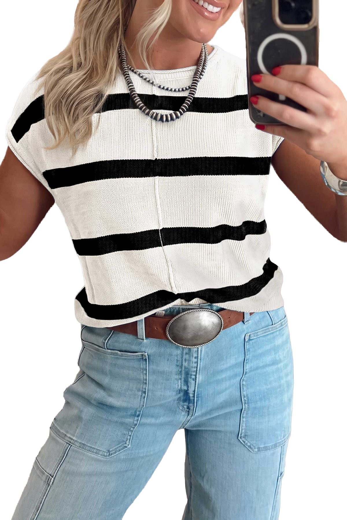 White Stripe Knit Western Short Sleeve Sweater