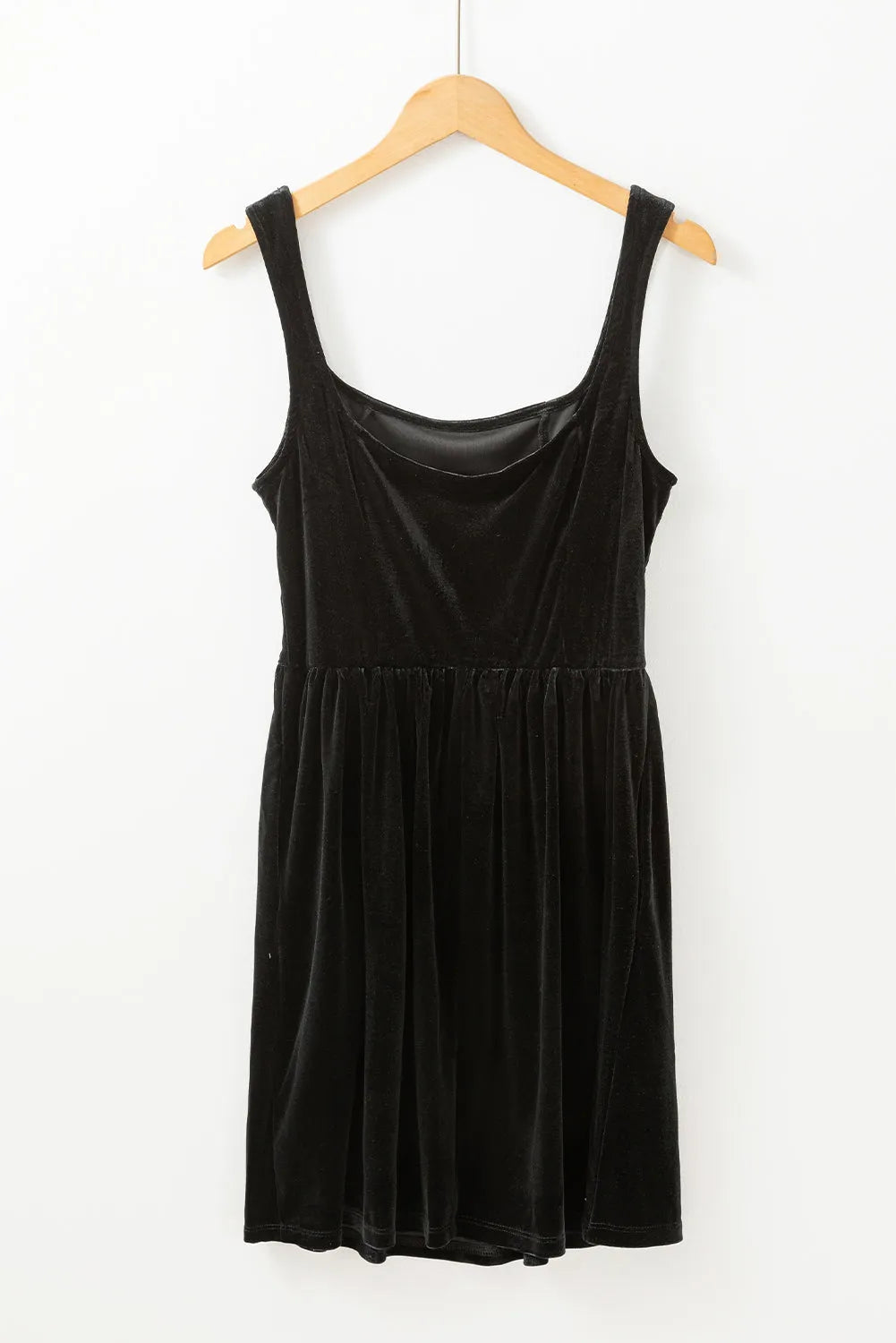 Black Velvet Square Neck Sleeveless High Waist Mini Dress with Pockets - Chic Meadow Boutique 