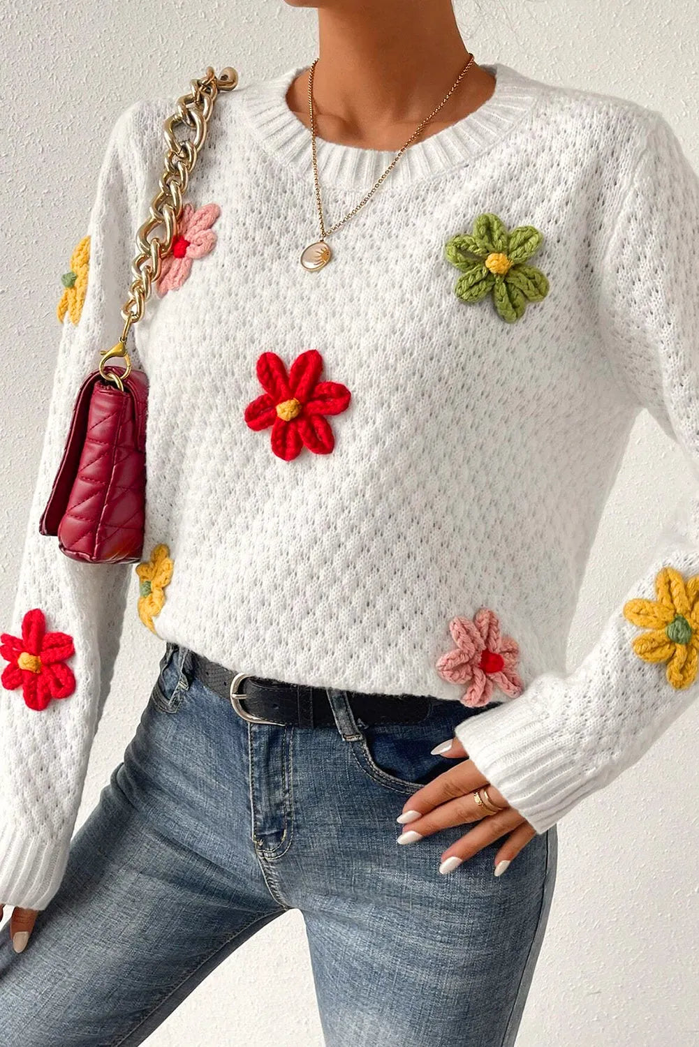 White Colorful Flower Applique Textured Knit Sweater - Chic Meadow Boutique 