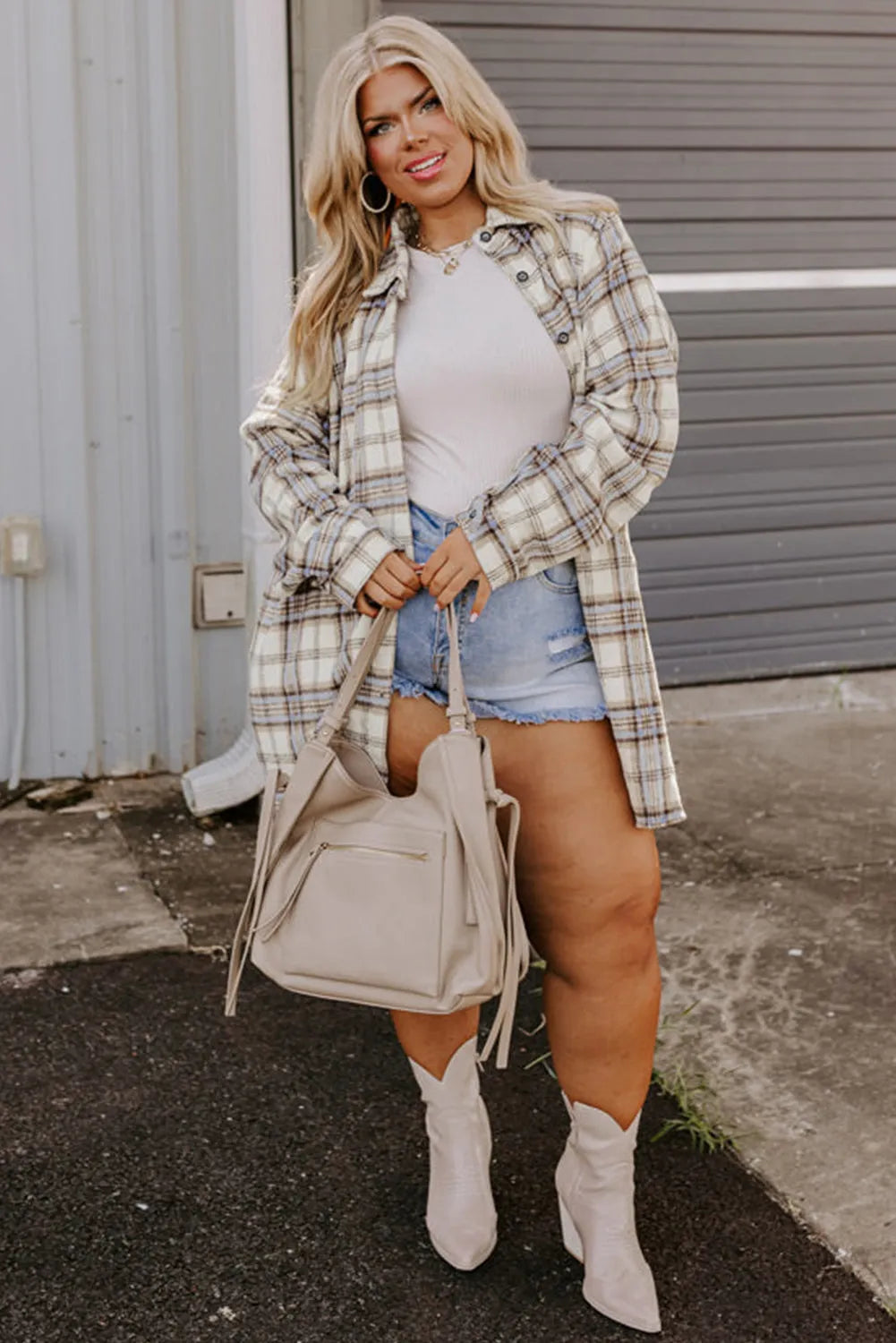 White Plaid Print Tunic Plus Size Shacket with Slits - Chic Meadow Boutique 