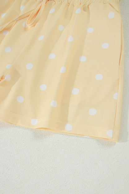 Yellow Exposed Seam Detail Polka Dot Loose Tee Drawstring Shorts Set