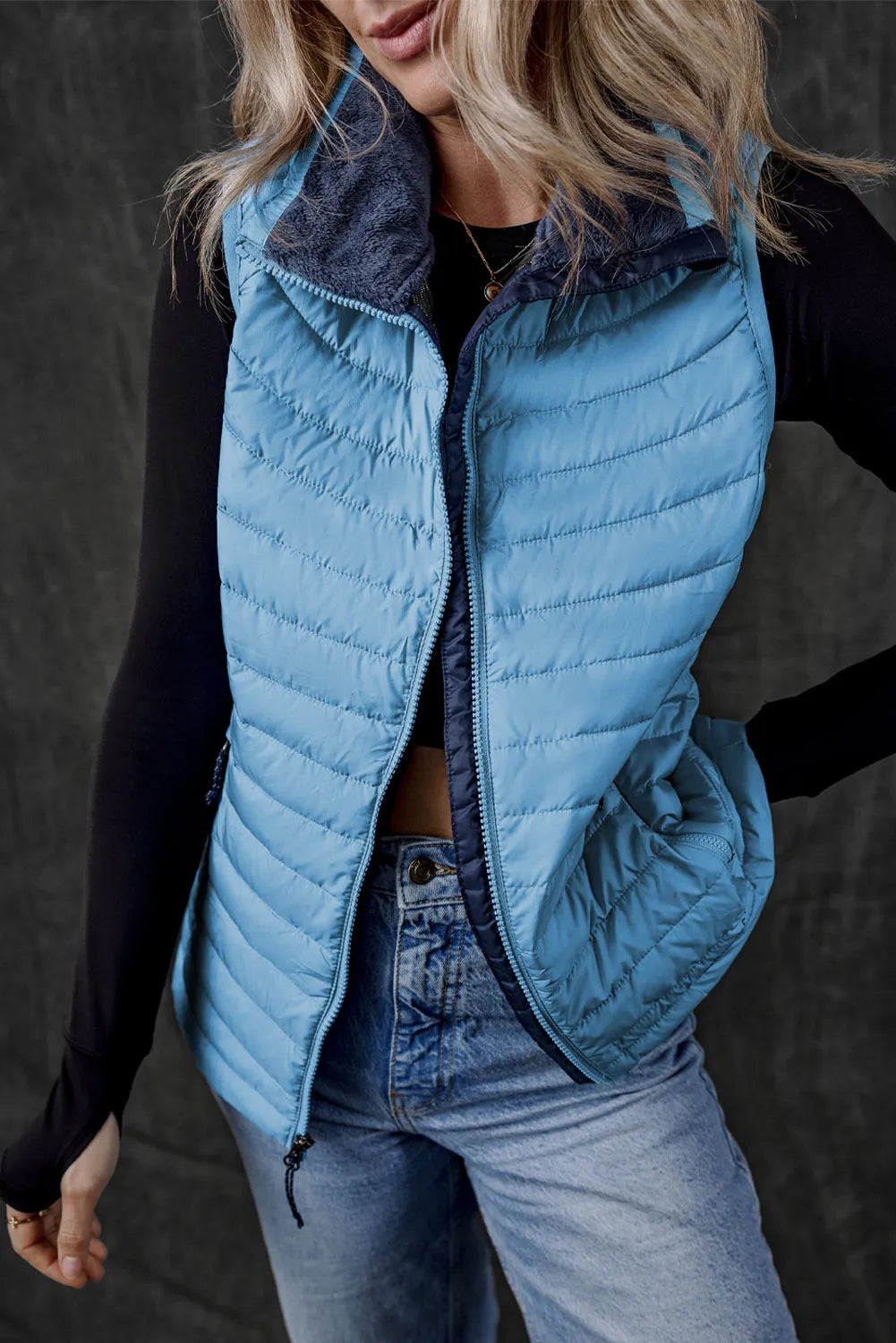 Sky Blue Plush Collared Quilted Zipped Puffer Vest - Chic Meadow Boutique 