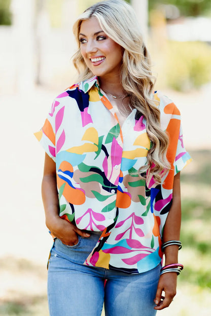 Multicolour Abstract Leafy Print Short Sleeve Shirt - Chic Meadow Boutique 