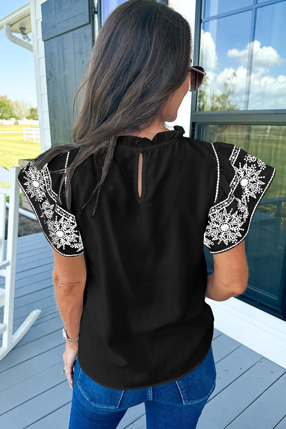 Black Embroidered Ruffled Sleeve Frilled Collar Blouse - Chic Meadow Boutique 