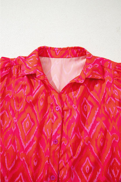 Strawberry Pink Western Aztec Geometric Ruffled 3/4 Sleeve Shirt