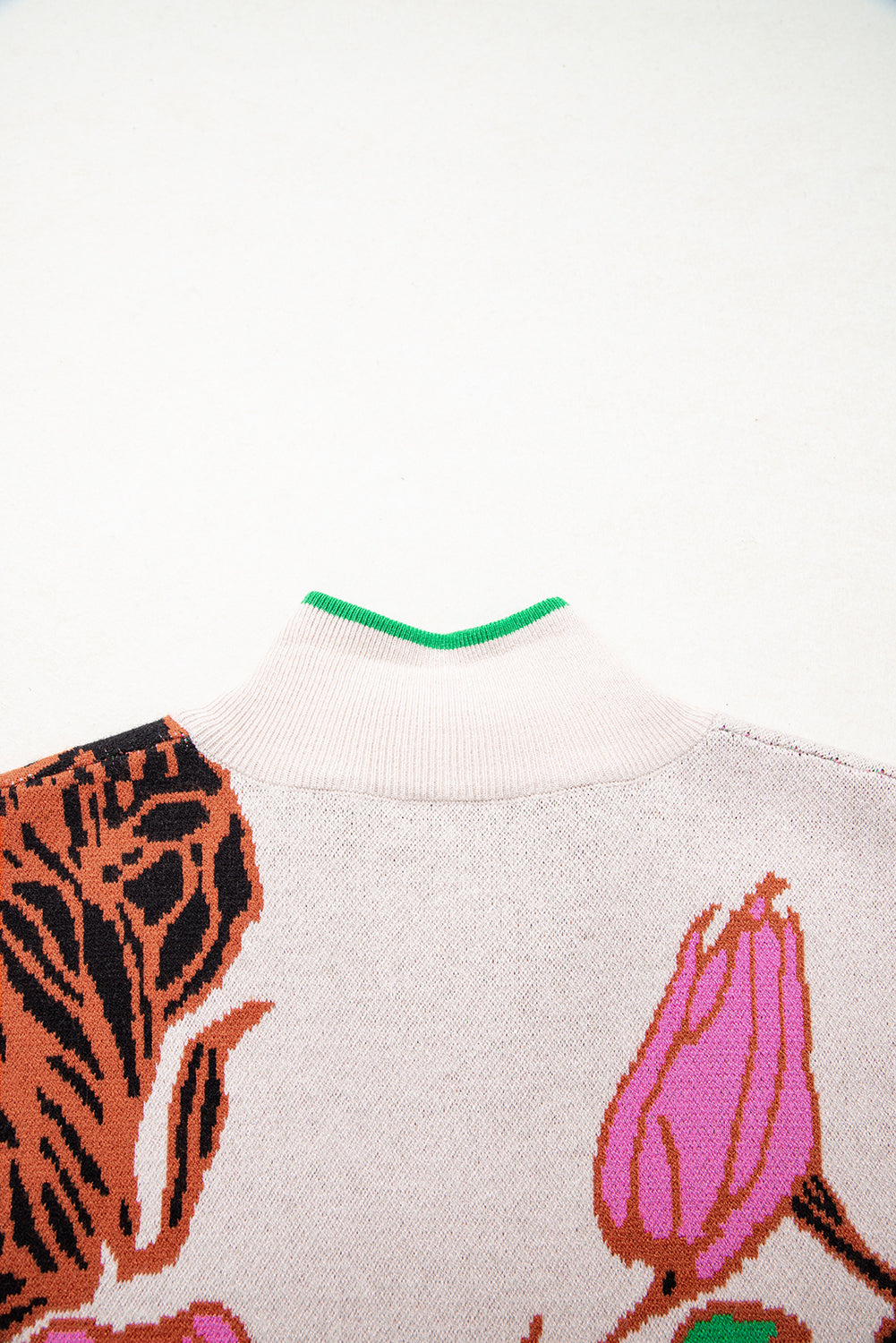 Khaki Floral Pattern Knit Quarter Zip Stand Neck Sweater