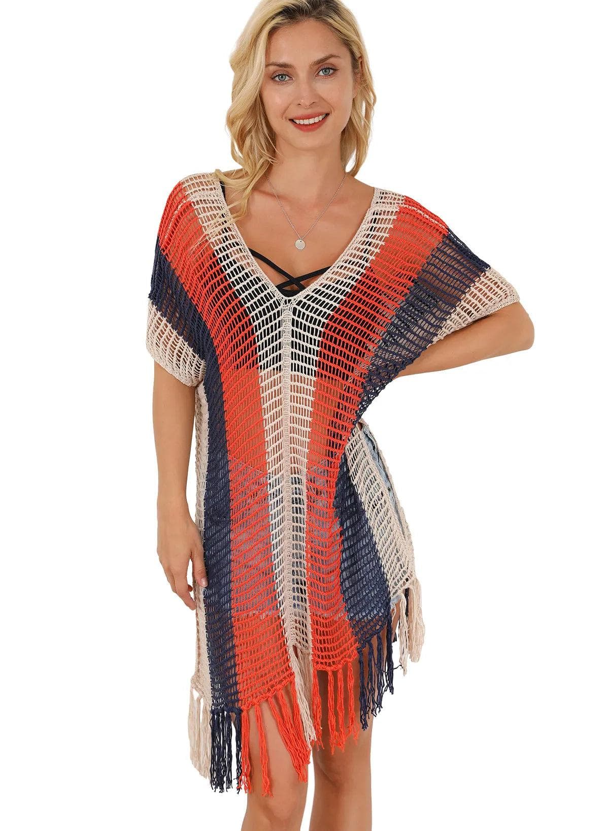 Swimwear/Beach Cover-ups Multicolor Striped Tassel Crochet V Neck Beach Cover Up