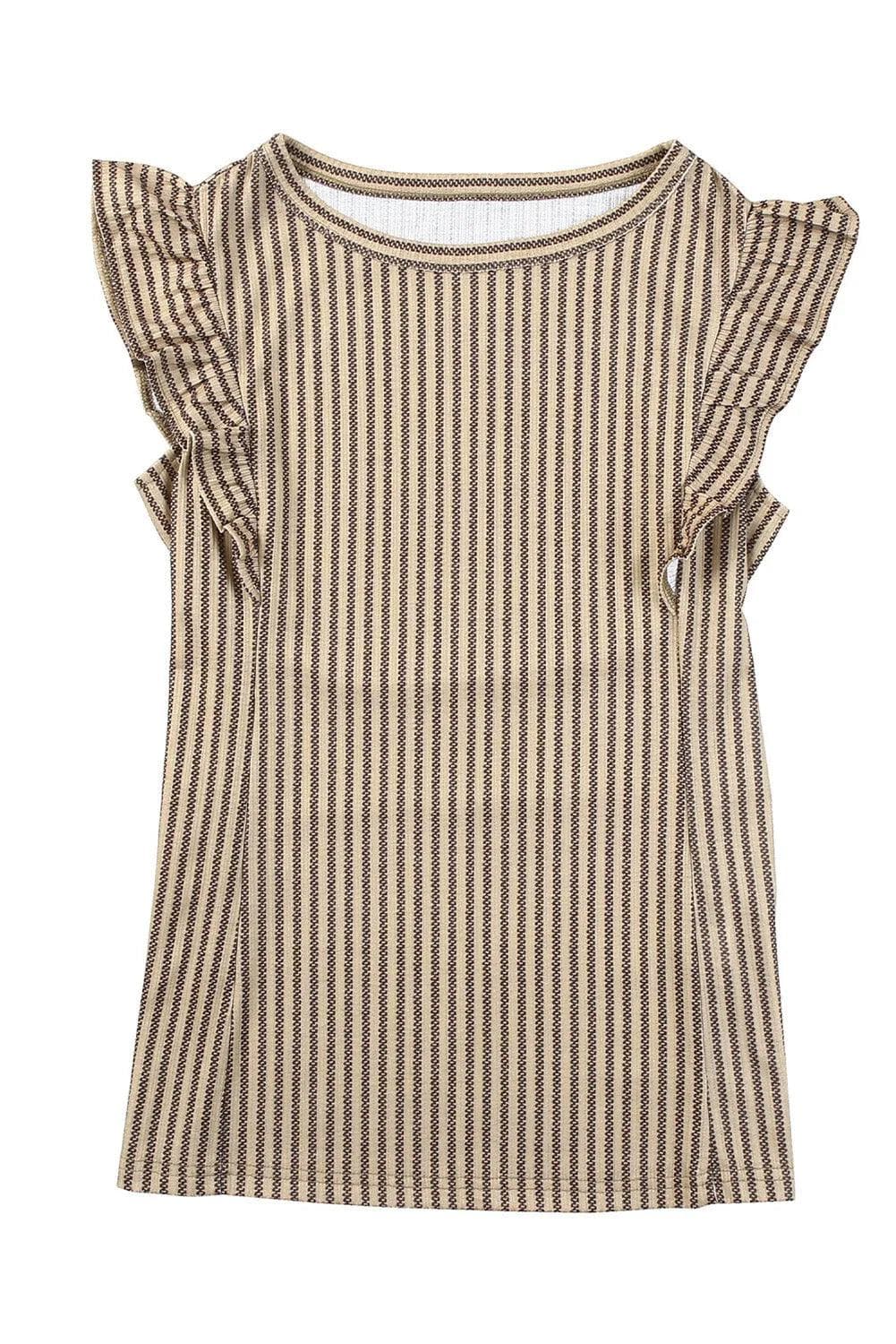 Tops/Tank Tops Khaki Striped Crew Neck Ruffled Tank Top