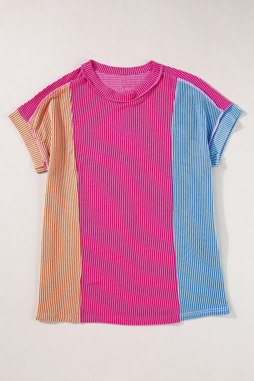 Rose Red Textured Colorblock Crew Neck T Shirt - Chic Meadow Boutique 