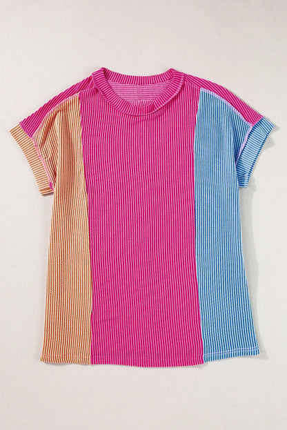 Rose Red Textured Colorblock Crew Neck T Shirt - Chic Meadow Boutique 