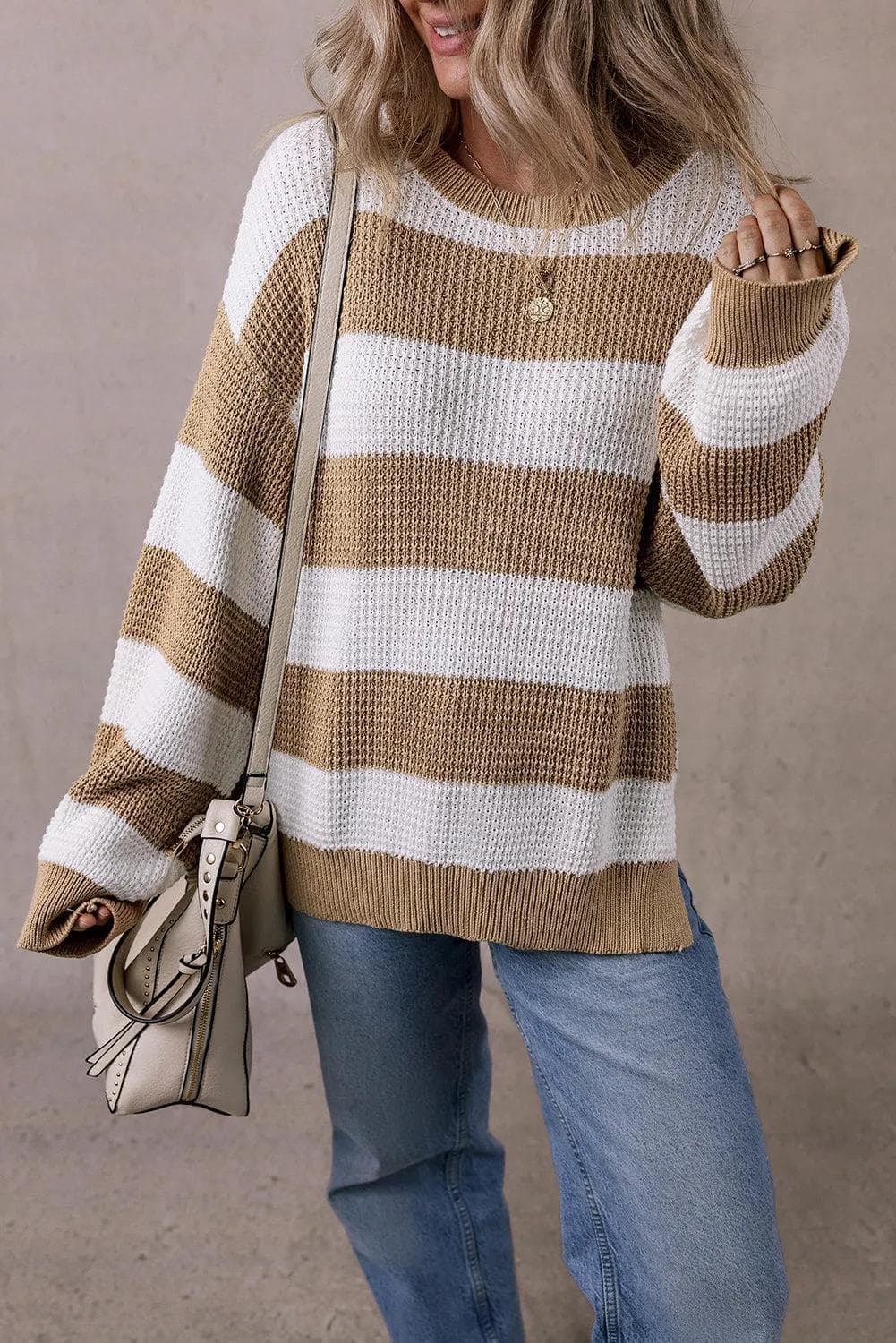 Sweaters & Cardigans/Sweaters Light French Beige Colorblock Striped Drop Shoulder Side Slit Sweater