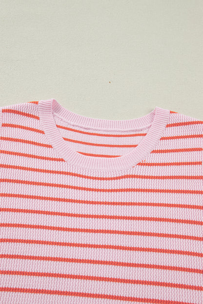 Pink Stripe Textured Knit Sleeveless Casual Sweater Top