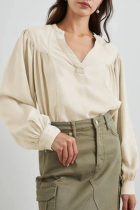 Tops/Blouses & Shirts White / S / 100%Polyester White Solid Color Lantern Sleeve Notched V Neck Blouse