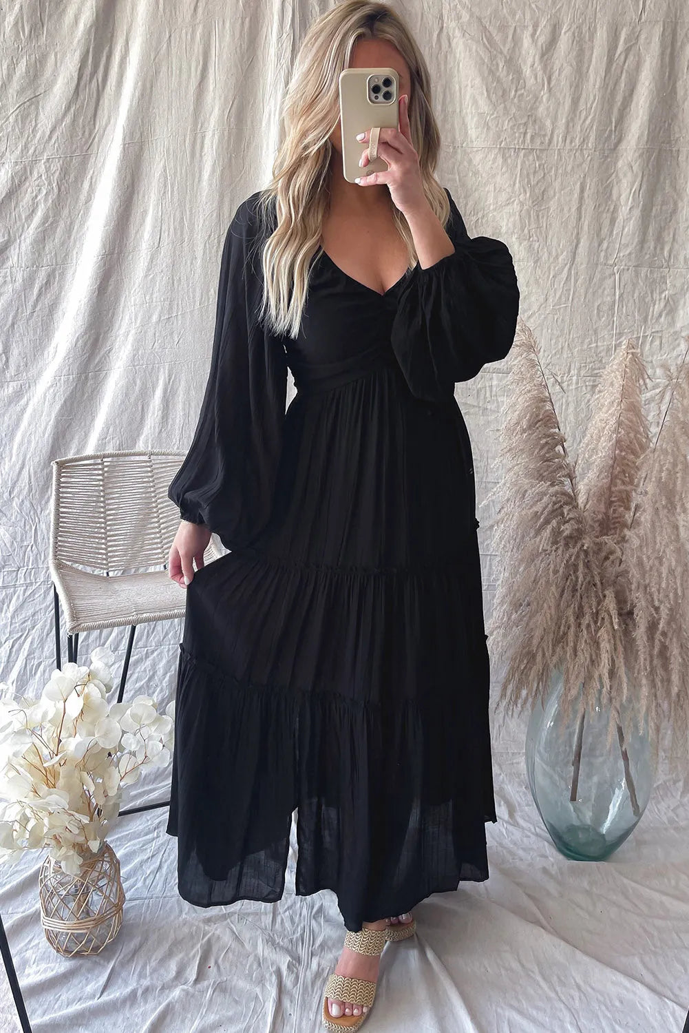 Black V Neck Bowknot Cutout Frill Tiered Maxi Dress - Chic Meadow Boutique 