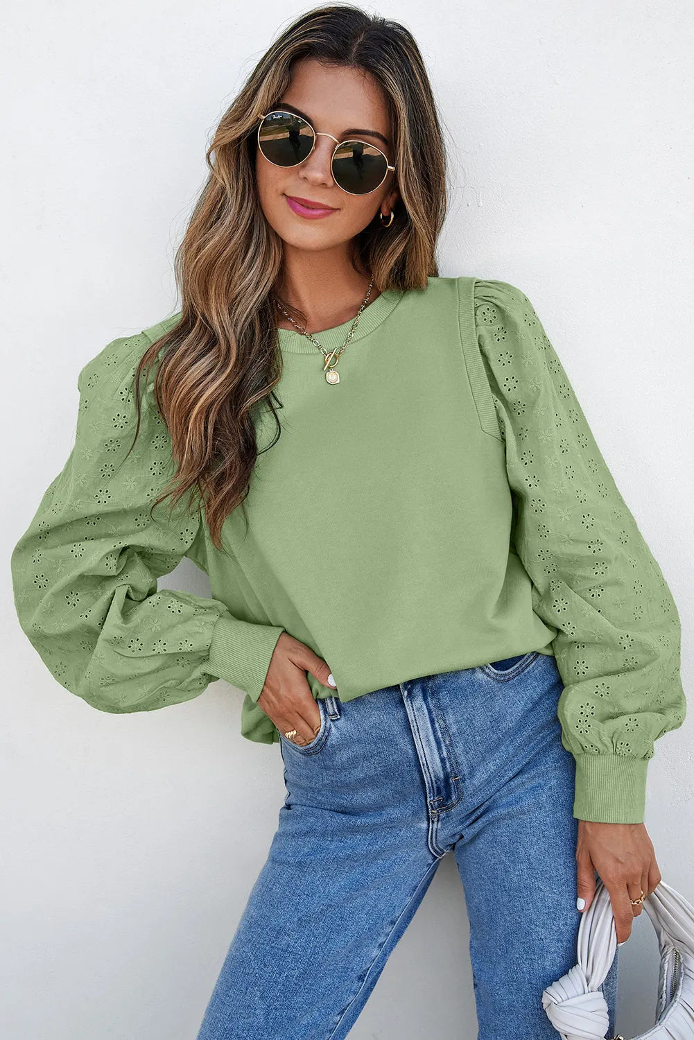 Mist Green Solid Patchwork Sleeve Round Neck Sweatshirt - Chic Meadow Boutique 