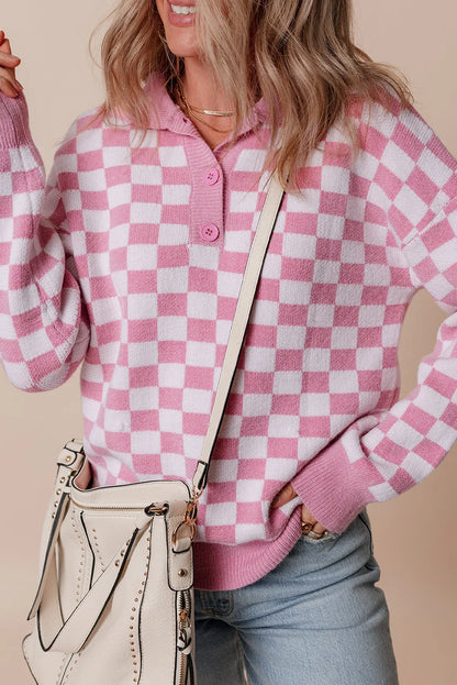 Pink Checkered Buttons Collar V Neck Drop Shoulder Sweater - Chic Meadow Boutique 