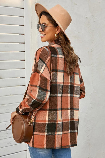 Outerwear/Jackets Orange Plaid Print Buttoned Shirt Jacket