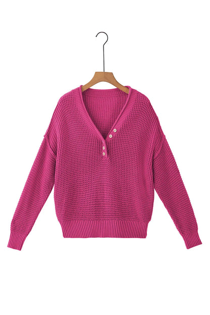 Rose Red Pointelle Knit Button V Neck Drop Shoulder Sweater - Chic Meadow Boutique 