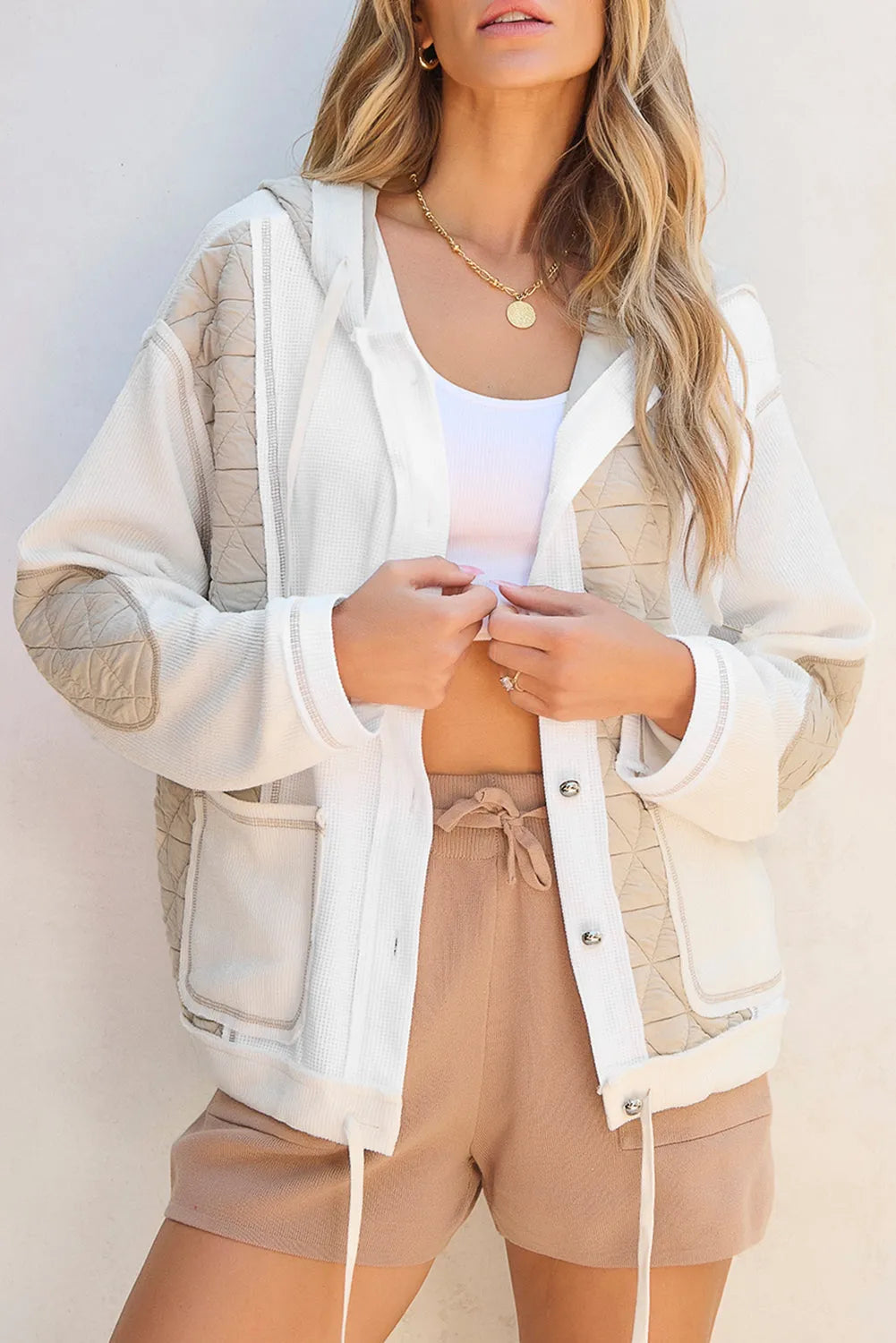 Beige Quilted Textured Patchwork Loose Fit Hooded Jacket - Chic Meadow Boutique 