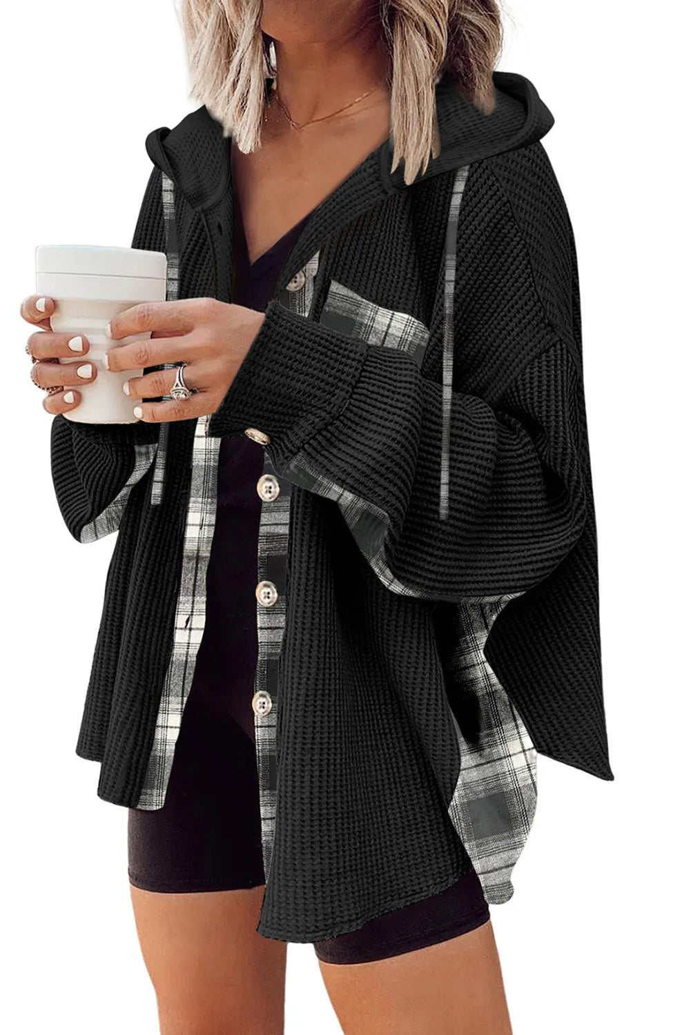 Black Waffle Knit Plaid Patchwork Drawstring Hooded Shacket - Chic Meadow Boutique 