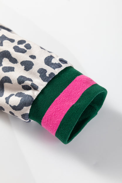 Gray V Neck Leopard Long Sleeve Top Striped Webbing Patchwork Drawstring Pant Set